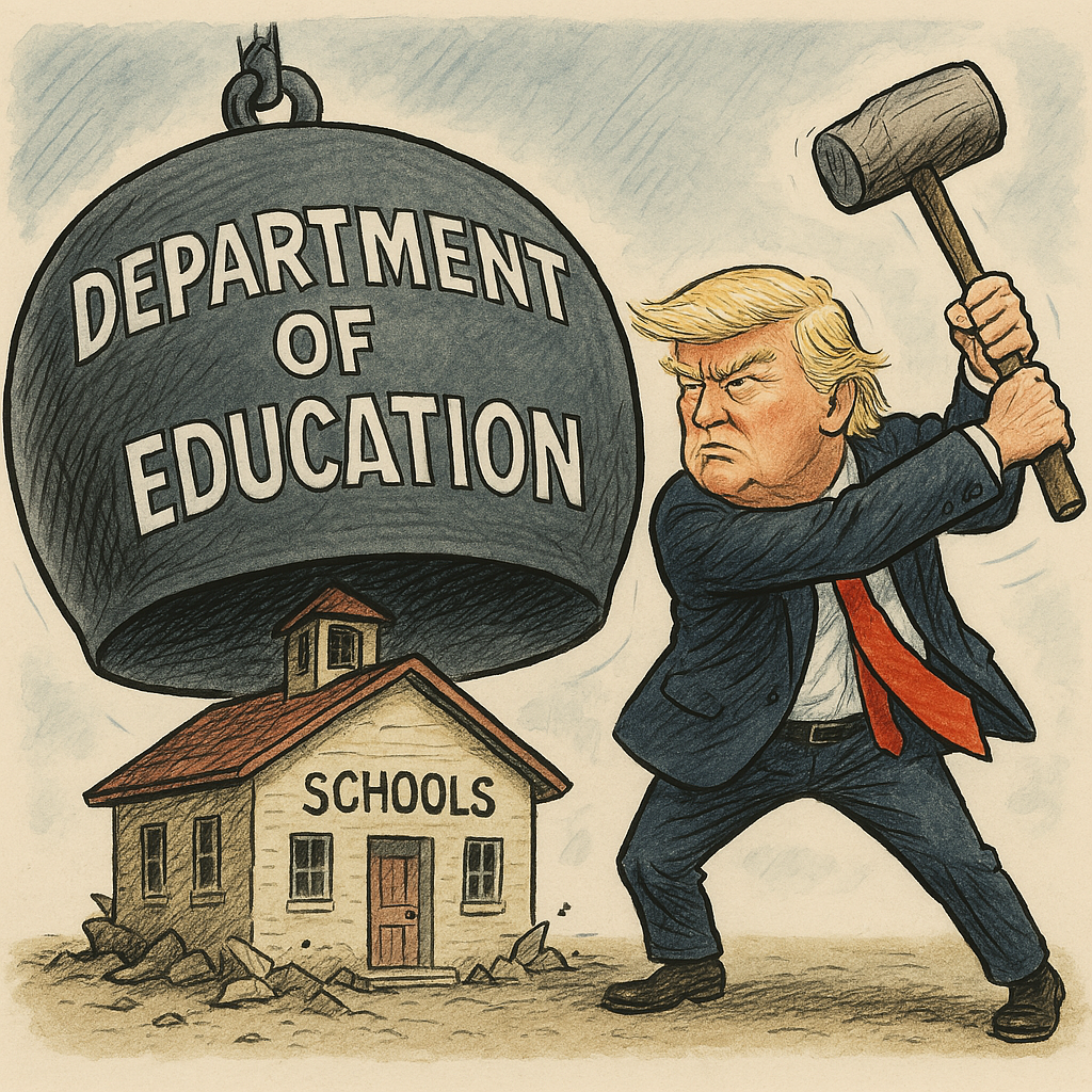 Trump Dept of Ed A political cartoon depicts former President Donald Trump swinging a sledgehammer at a massive wrecking ball labeled "DEPARTMENT OF EDUCATION," which is smashing into a small, fragile schoolhouse. The image symbolizes a critique of federal control over education, with Trump portrayed as dismantling the Department of Education to promote school choice, as celebrated by the crowd. The style is traditional ink and watercolor with bold outlines and muted earth tones.