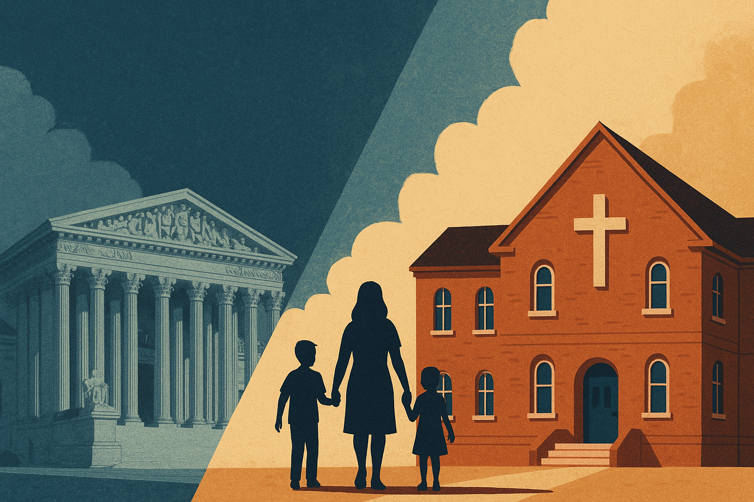 Religious Charter Schools Illustration depicting the U.S. Supreme Court and a religious school, symbolizing the debate over religious charter schools.