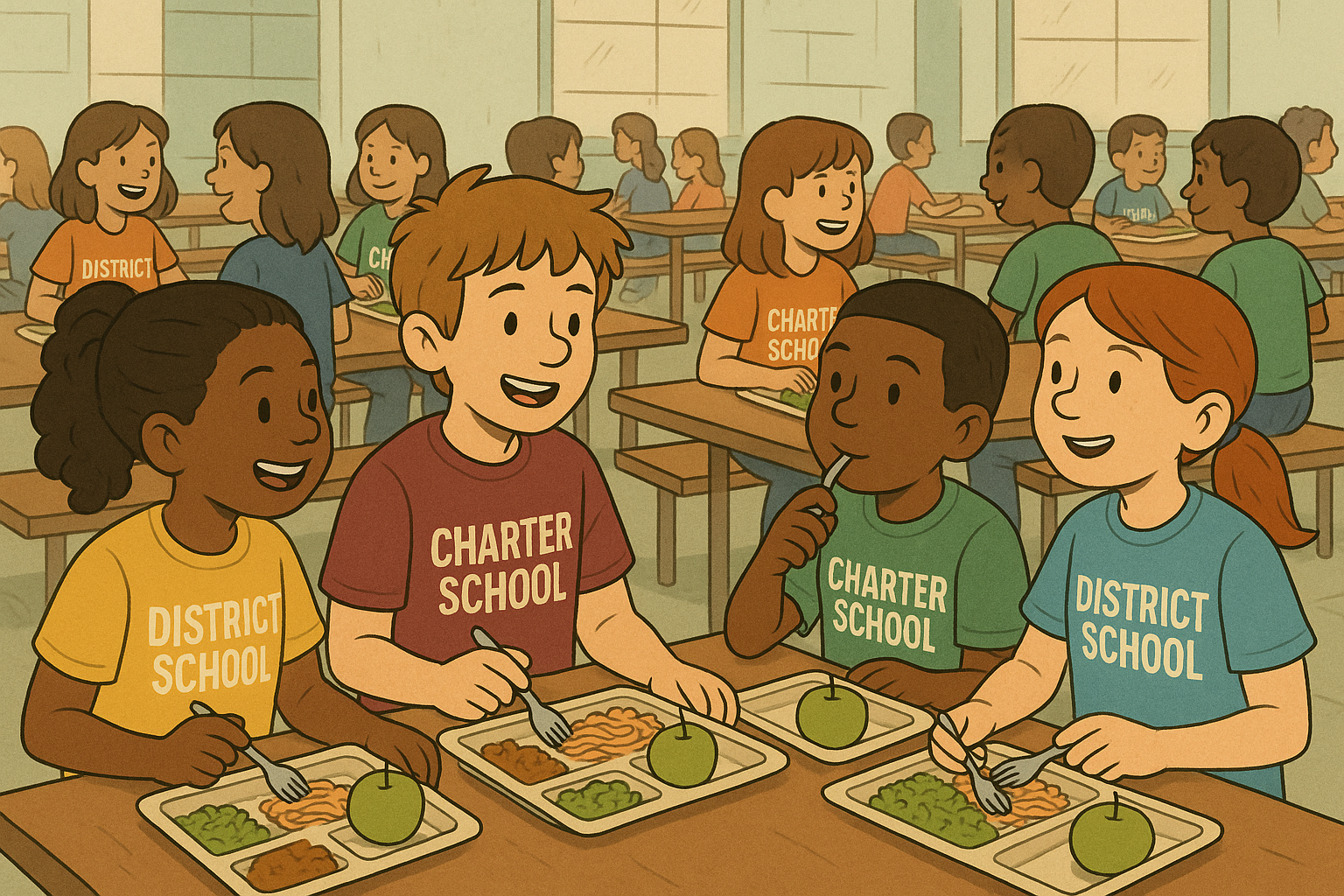 District and Charter School Students Share a Cafeteria A cartoon-style illustration of diverse district and charter school students sharing a school cafeteria. Children sit together at long tables, wearing shirts labeled "DISTRICT SCHOOL" or "CHARTER SCHOOL," and eating lunch in a friendly, collaborative atmosphere. The charter and district schools demonstrate co-location.