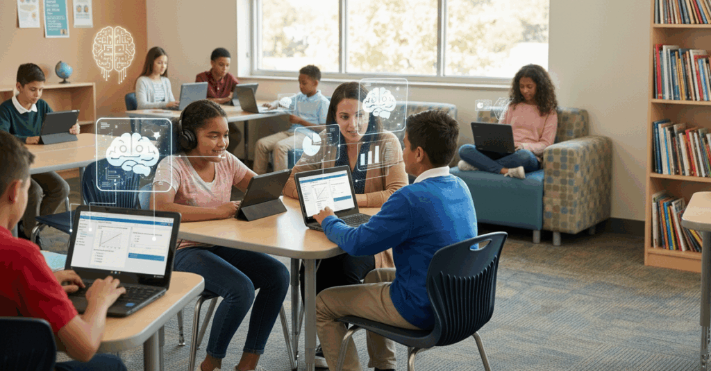 Students in a classroom using computers with holograms above their screens